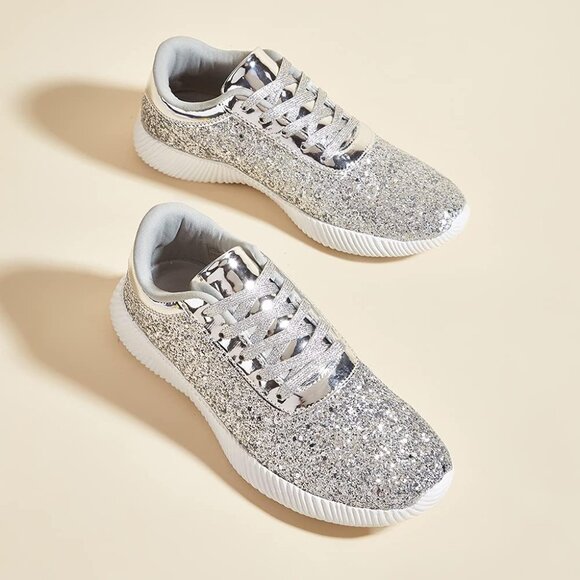 Lucky Step Women's Silver Sparkly Metallic Sequins Lightweight Glitter Shoes - Picture 2 of 8